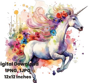 Unicorn Floral Watercolor Clipart, Horse art, Fantasy, Digital planner, Digital paper, Digital grimoire, greek, sublimation designs, png