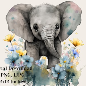Baby Elephant Clipart, Watercolor elephant illustration, Adorable elephant art, Hand painted elephant graphic, Baby elephant clipart, png