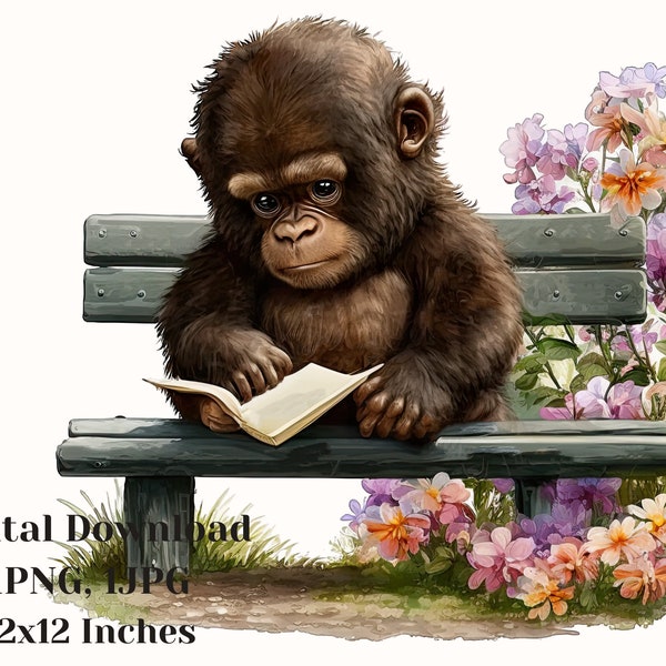 Reading Gorrilla, clip art image files, watercolor art, watercolor clipart, sublimation png, Gorrilla clipart, gorrilla png, monkey clipart