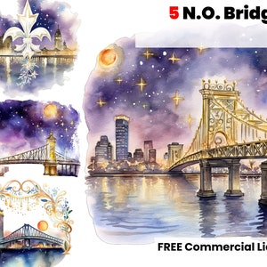 New Orleans Cityscape clipart B, Bridge, River, Louisiana Clipart, New Orleans clipart, NOLA PNG, River Front png, night, moon, night sky