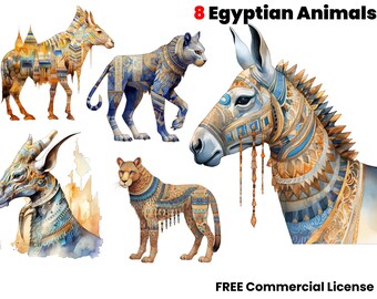 Egyptian Animals watercolor clipart, Donkey png, goat, lion, cat, ancient, Digital download, sublimation design, graphic design, art, print