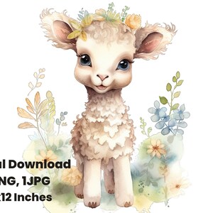 Woodland Lamb Nursery watercolor clipart, Baby sheep illustration, Cute animal graphic, farm animal art, Nursery animal clipart, png, goat