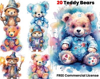 Teddy Bear Watercolor clipart, Fantasy, Digital paper, Graphic Design, Stationery Clip Art, sublimation, popular png, sticker, Nursery print