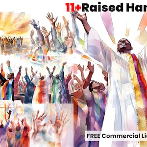 Mani alzate, Clipart ad acquerello di culto, Arte cristiana, Religiosa, sublimazione png, download digitale, progettazione grafica, afroamericano