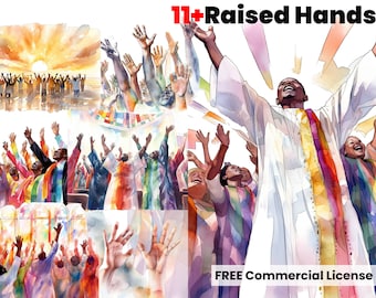 Raised Hands, Worship Watercolor Clipart, Christian Art, Religious, sublimation png, digital download, graphic design, African American