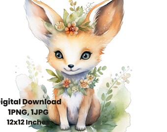 Beautiful Female Forest Fox, cute woodland fox, Watercolor clipart, Nursery print, Digital art, sublimation, graphic design, png files