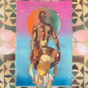 May include: A rectangular mixed media artwork featuring a central spray-painted image of two figures, one standing and one kneeling, set against a gradient background of pink, orange, and blue. A geometric stencil pattern borders the piece, with a signature and the year 18 in the bottom right corner.