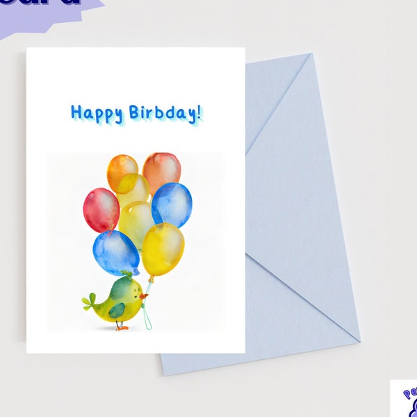 Happy Birbday Card - Digital Printable Birthday Card with Cute Bird Holding Balloons - 5 in x 7 in