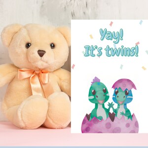 Es tarjeta de dinosaurio gemelos para nuevos bebés - tarjeta de felicitación imprimible 5x7 - nuevo baby shower