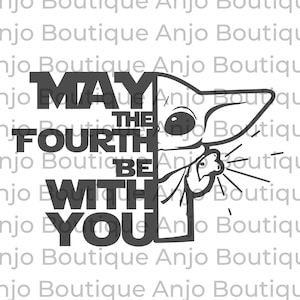Può includere: Un design grafico in bianco e nero con un personaggio del franchise di Star Wars, Baby Yoda, che sbircia da dietro il testo "Che la Forza sia con te".