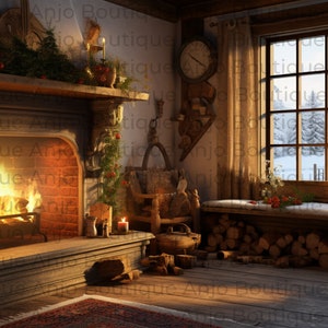 May include: A cosy living room with a fireplace, a window with a snowy view, and a wooden chair. The fireplace has a roaring fire and the window is decorated with candles.