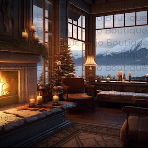 May include: A cosy living room with a fireplace, a Christmas tree, and a view of a snowy mountain range. The fireplace is lit and there are candles on the mantelpiece. The Christmas tree is decorated with baubles and lights. The view outside the window is of a snowy mountain range with a lake in the foreground.