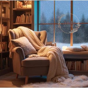 May include: A cozy reading nook with a beige armchair, a cream-colored throw blanket, and a decorative pillow. Bookshelves filled with books flank the chair, and candles provide warm lighting. A window overlooks a snowy landscape.