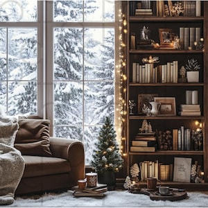 Virtual Background for Zoom Meetings Living Room Winter Bookshelf Cozy Snow Mountain Background Zoom MS Teams Webex Skype meetings 16:9 WFH