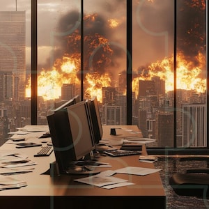 May include: A view from a high-rise office building with large windows overlooking a city engulfed in flames. The office is cluttered with papers and has several computer monitors on a desk.