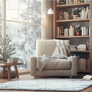 May include: A cozy living room with a large window overlooking a snowy winter scene. A comfortable armchair with a soft throw blanket is positioned near the window. A small Christmas tree with white lights is in the foreground. A bookshelf filled with books is in the background.