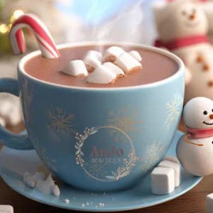 May include: A blue mug of hot chocolate with marshmallows and a candy cane. The mug has a snowflake design and the text "Amo Boutique". A small snowman and other festive decorations are in the background.