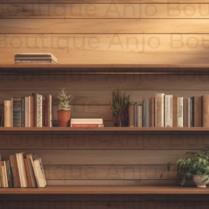Puede incluir: Dos estantes de madera con libros, plantas y plantas en macetas. Los estantes están montados en una pared de madera.