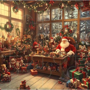 Op de afbeelding: Een feestelijke kerstscène met de kerstman in een werkplaats vol speelgoed, cadeaus en versierde kerstbomen. De kamer is versierd met kransen, lichtjes en cadeaus, wat een warme en uitnodigende sfeer creëert.
