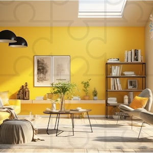 May include: A contemporary living room with yellow walls, a yellow sofa, and two black pendant lights. The room includes a bookshelf, two grey armchairs, and a coffee table. Artwork and plants add decorative elements.