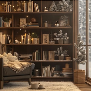 Virtual background for zoom meetings winter bookshelf cozy snow mountains Background for Zoom MS Teams Webex Skype meetings in 16:9 WFH