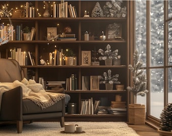 Virtual background for zoom meetings winter bookshelf cozy snow mountains Background for Zoom MS Teams Webex Skype meetings in 16:9 WFH