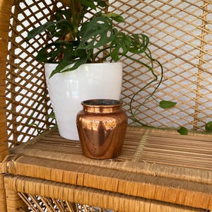 May include: A small, copper-coloured decorative jar with a rounded body and a slightly flared rim. It sits on a woven shelf next to a white ceramic pot holding a green plant with distinctive leaf patterns. The shelf is part of a larger woven structure.
