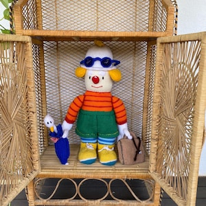 Large Hand knitted Jean Greenhowe The Red Nose Gang Clown with Umbrella & Suitcase - Handmade Toy Doll