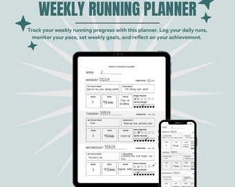 May include: A weekly running planner on a tablet and a smartphone. The planner has a black and white design with sections for each day of the week. Each day has a space to log miles, pace, highlights, notes, mood tracker, and water tracker. The planner is designed to help runners track their progress and set goals.