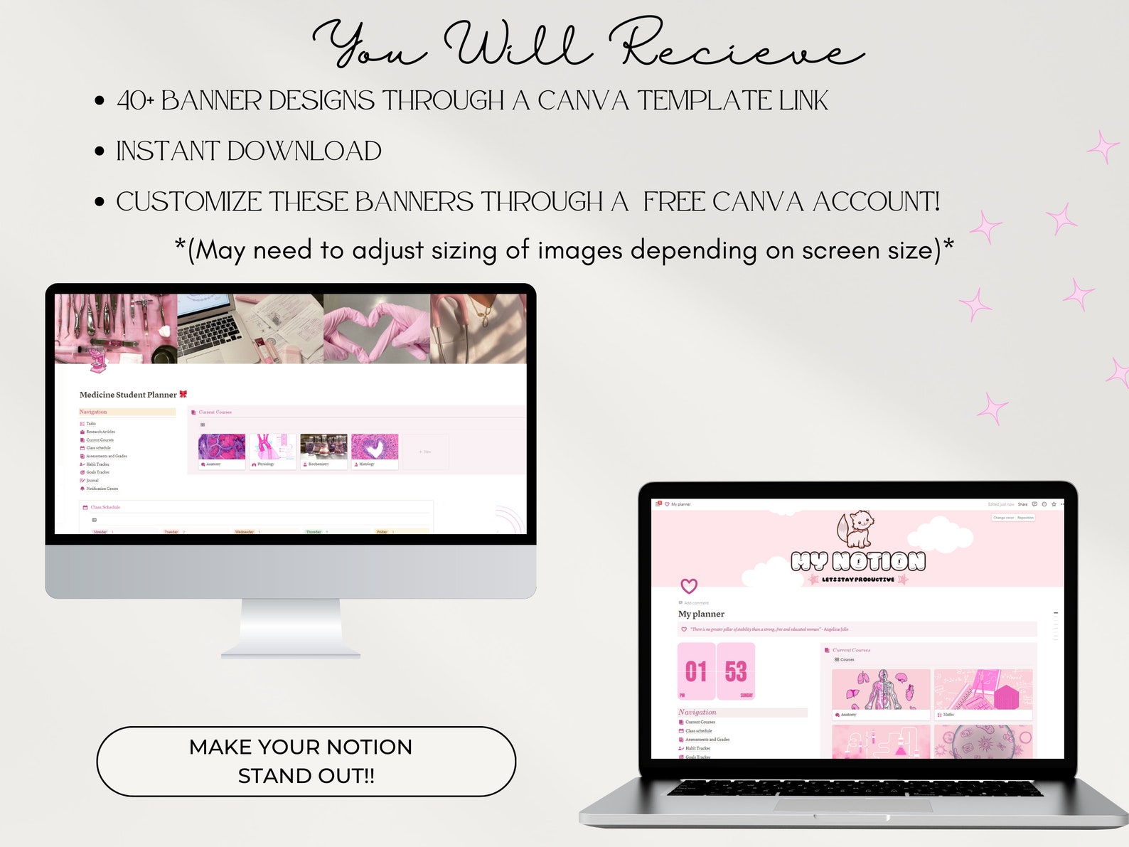 Pink Student Notion Covers, Aesthetic Notion Banners, Canva Editable ...
