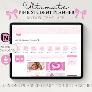 All In One Notion Pink Planner, Ultimate Student Life Planner, Aesthetic That Girl Planner, Student Dashboard, Academic Notion Template