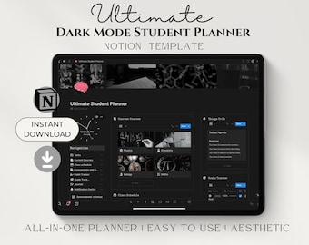 Modèle The Ultimate Notion, agenda étudiant tout-en-un, modèle d'agenda de vie, tableau de bord esthétique pour étudiant, modèles académiques en mode sombre