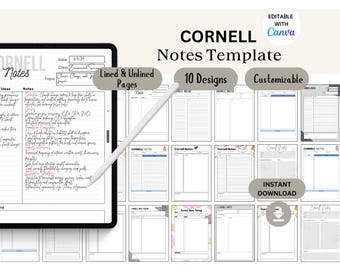 Plantilla de notas digitales, plantilla de notas de Canva Cornell, toma de notas de estudiantes, cuaderno de estudiantes, cuaderno digital vertical, estudio de estudiantes