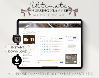 Modèle d'école d'infirmières Notion, tableau de bord tout-en-un, agenda idéal pour les étudiants, modèle de notion d'esthétique, agenda numérique