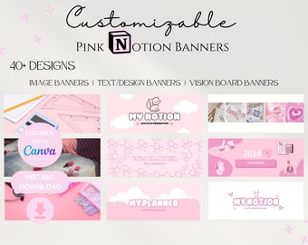 Housses roses pour étudiants, bannières esthétiques notion, téléchargement numérique modifiable Canva, lot de housses de personnalisation notion, modèle Canva