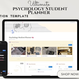 Könnte beinhalten: Ein Screenshot einer Notion-Vorlage für Psychologie-Studenten. Die Vorlage enthält Abschnitte für aktuelle Kurse, Stundenplan und Zielverfolgung. Die Vorlage wird auf einem Laptop und einem Smartphone angezeigt.