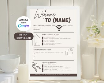Modèle de plaque de bienvenue Airbnb, modèle de location de vacances, modèle numérique imprimable, affiche d'arrivée des invités, choses à savoir, règlement intérieur, Wifi