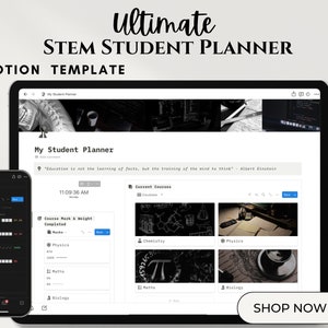 Könnte beinhalten: Ein Screenshot einer Notion-Vorlage für STEM-Studenten. Die Vorlage enthält einen Bereich für aktuelle Kurse, einen Kurs-Noten- und Gewichts-Tracker sowie ein Zitat von Albert Einstein. Die Vorlage soll Studenten dabei helfen, ihr Studium zu organisieren und ihren Fortschritt zu verfolgen.