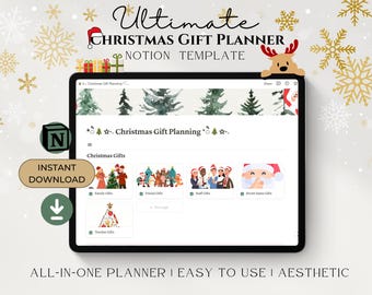 May include: A digital screen displaying a Christmas gift planner template for Notion. The template includes sections for family, friends, coworkers, and secret Santa gifts. The screen is surrounded by a festive background of snowflakes and Christmas trees.