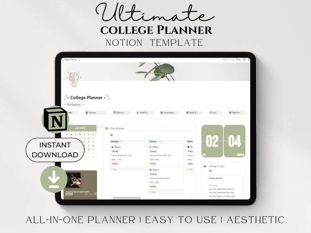 College Planner Notion Template, Notion All in One Student Planner ...