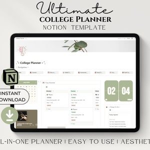 May include: A screenshot of a Notion template for college planning. The template is designed to be easy to use and aesthetically pleasing. It includes sections for tasks, courses, class schedules, assignments, grades, and more. The template is available for instant download.