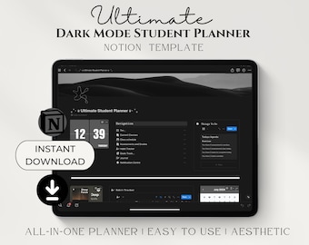 Agenda esthétique mode sombre Notion, agenda étudiant ultime, modèle étudiant Notion, tableau de bord étudiant tout-en-un, agenda numérique