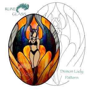 May include: An oval stained glass panel featuring a demon figure with horns and wings against a vibrant orange and yellow background, accompanied by a black and white line art template labeled Demon Lady Pattern and Rune Glass.