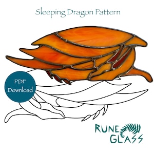 May include: A stained glass dragon pattern with orange and red wings. The text "Sleeping Dragon Pattern" is at the top, and a "PDF Download" button is on the left. The Rune Glass logo is at the bottom.