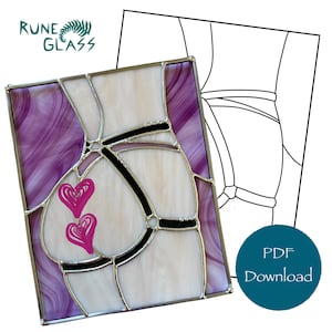 May include: A stained glass panel featuring a stylized figure in white and purple glass with black lead lines, accented by two pink heart decals. The design includes a line drawing pattern and a circular badge labeled PDF Download.