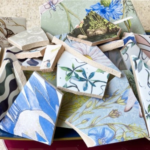 May include: A collection of broken ceramic tiles with floral and geometric patterns in shades of blue, green, white, and pink. The tiles are arranged in a pile on a blue and red plate.