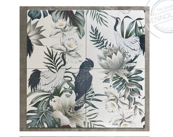 Floral wall tiles, Australian black cockatoo and crane, Set size 60x60cm "Paradiso"