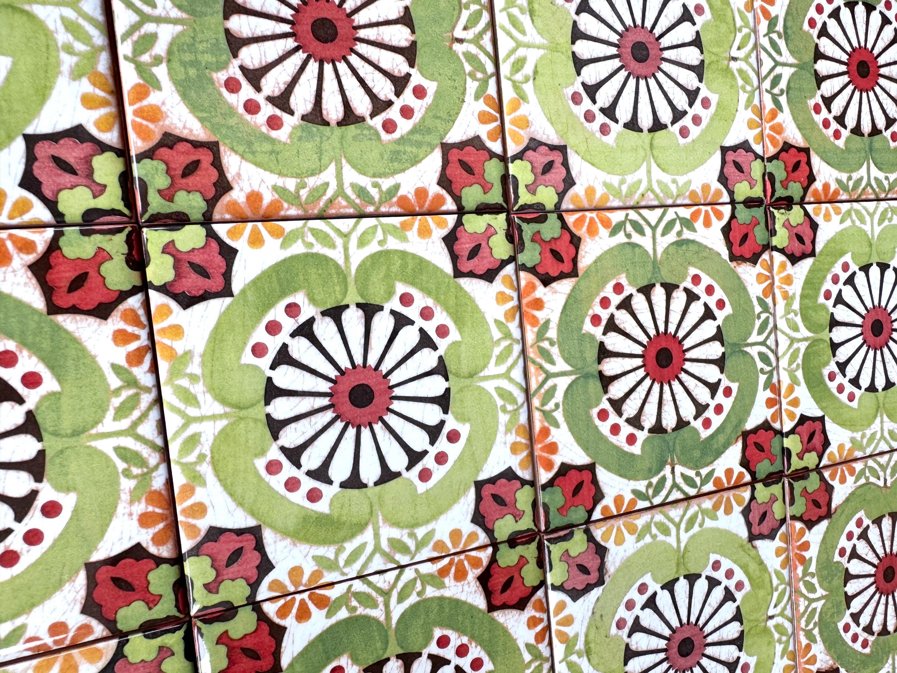 70s Retro Floral Tiles: Green Vintage Tile With Yellow & Rose for ...