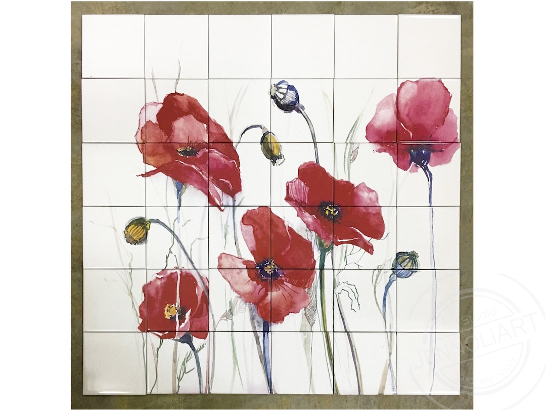 Poppy Glass Tile Poppy Ceramic Tile Mural: Watercolor Kitchen Splashback - Etsy