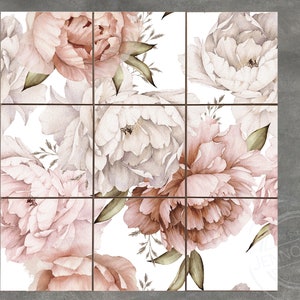 Peonies Floral Tiles, botanical style wall tiles depicting cream and rose flowers